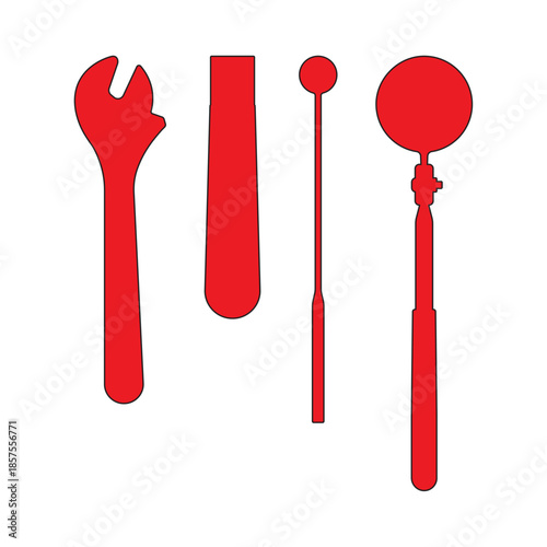 Set of red industrial hand tools silhouettes including wrench and inspection mirror