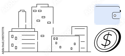 Finance, city planning, investments, urban economy, budgeting, business development. City buildings, wallet and coin symbol. Finance and city planning concepts combined with investments and growth