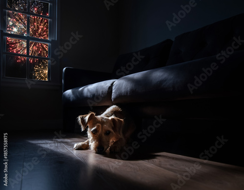 Emotional photography of a small frightened dog hiding under a sofa in a dark room during fireworks.