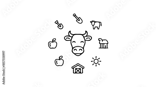 Conceptual illustration of an agricultural theme: a cow's head in the center, surrounded by farming symbols - a cow, shovels, apples, a barn, and a sun - a minimalist vector sketch for agribusiness