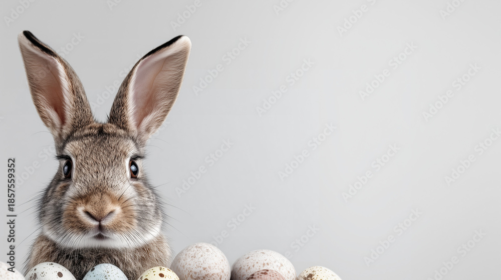 Obraz premium Cute Easter Bunny with Colorful Eggs on White Background, Copy Space, Generative AI