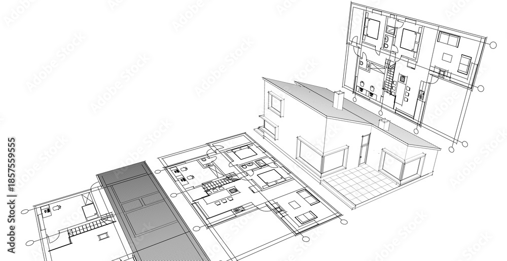 Fototapeta premium house architectural project sketch 3d illustration 