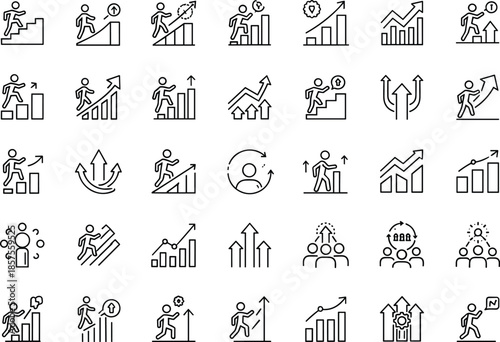 Minimal business growth and performance line icons set for analytics, success metrics, progress tracking, leadership, and strategic development design