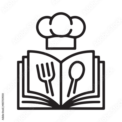 A chef s hat resting on top of an open recipe book with utensils