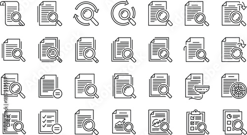 Search document line icons pattern, file magnifier symbols flat outline vector background for data analysis research concept
