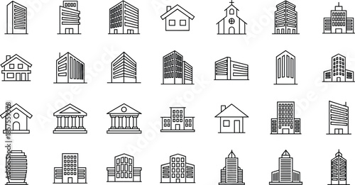Minimal building and architecture line icons set featuring residential houses, offices, landmarks, and urban cityscape construction design elements