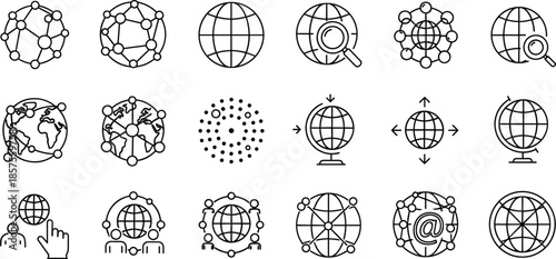 Minimal global network and internet connection line icons set for worldwide communication, data exchange, online systems, and digital technology