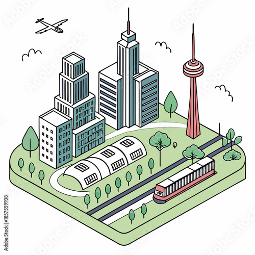 an isometric illustration depicting a vibrant cityscape with modern buildings a train and an airplane showcasing urban life