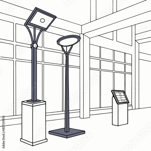 a minimalist architectural rendering depicts two stylized outdoor lamps and a smaller informational kiosk within an empty hallway setting