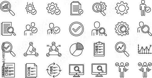 Minimal quality control, verification, and analytics line icons set for auditing, performance review, compliance checks, and business process evaluation