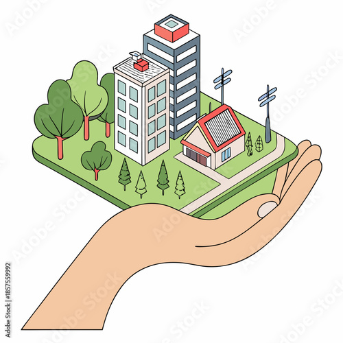 A stylized illustration depicts a miniature city held within an open hand representing concepts of care and urban development