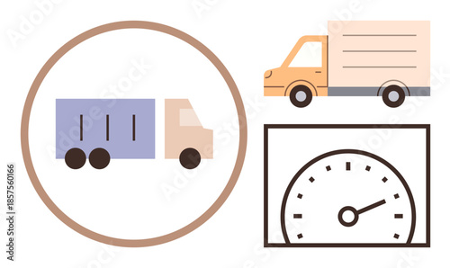 Simplified truck design with a circular frame, a smaller delivery van, and a highlighted speedometer. Ideal for logistics, transportation, shipping, delivery, fleet management, road safety or