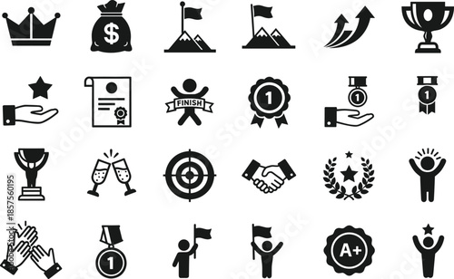 Solid success, achievement, and award icons set for business goals, winning milestones, leadership recognition, rewards, and motivation design
