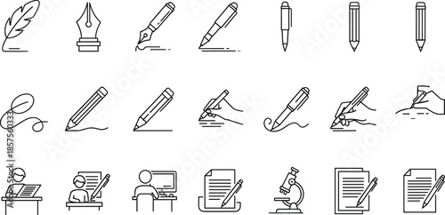 Minimal writing, pen, and education line icons set for handwriting, documentation, study, creative writing, and academic workflow design