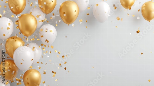 Gold and White Balloons with Scattered Confetti on Light Gray Background in Dynamic Festive Composition