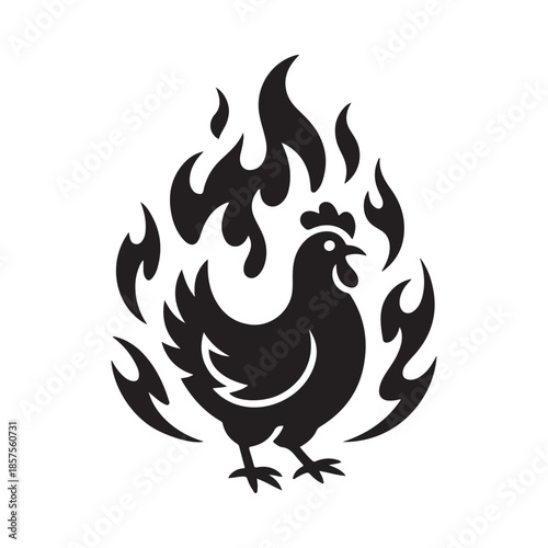A striking black and white illustration of a rooster within flames