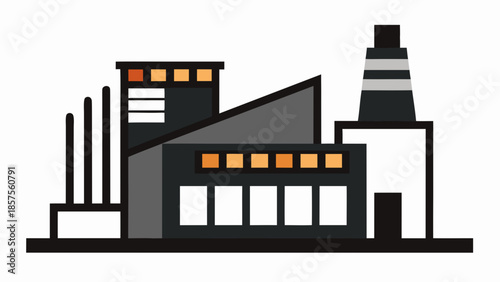 Industrial factory building with smokestack and chimney