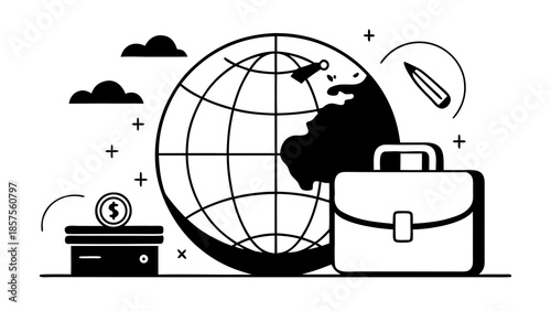 Black and white illustration of travel and business icons with globe and airplane