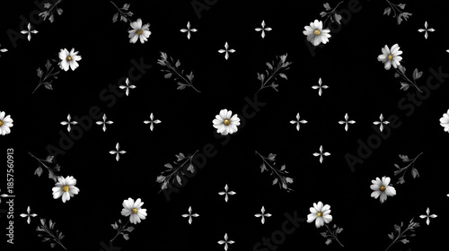 White Daisy-Like Flowers with Yellow Centers and Gray Leafy Branches on Black Background in Symmetrical Decorative Pattern