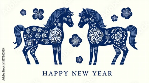 Symmetrical Blue Horses with White Floral Patterns and “HAPPY NEW YEAR” Text in Folk-Inspired Festive Composition