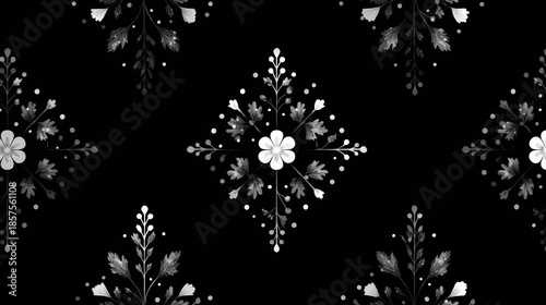 White Five-Petaled Flowers with Grayscale Leaves and Circular Accents in Diamond Formation on Black Background