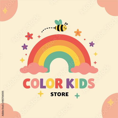 Whimsical Kids Shop Logo with Rainbow, Bee, and Stars