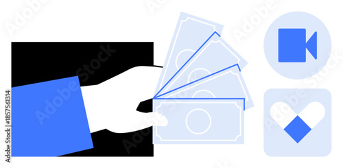 Digital payments, online transactions, e-commerce, remote work payments, financial services, digital wallets. Hand holding banknotes with related payment and video icons. Digital payments
