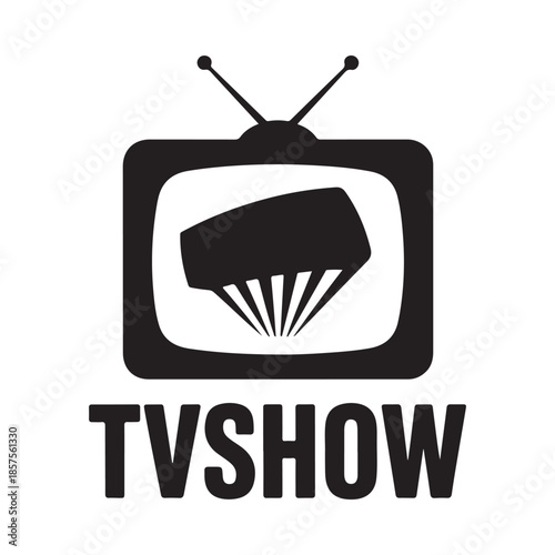 Vintage television set with antenna and tvshow text below in black and white