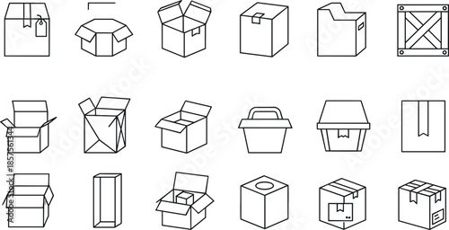 Minimal packaging box icon set featuring open closed cardboard parcel shipping and storage containers in clean black outline vector style
