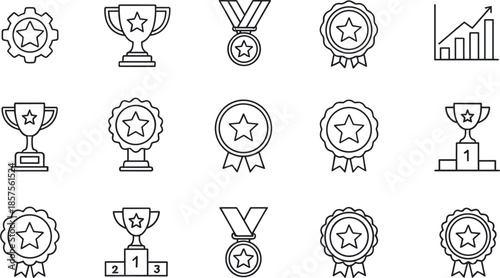 Minimal award and achievement icon set featuring trophies medals badges podium and success symbols in clean black outline vector style