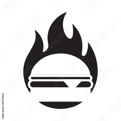 Black and white illustration of a burger engulfed in flames a striking graphic