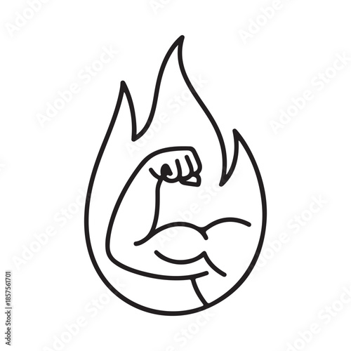 A strong arm flexing within the shape of a stylized flame outline