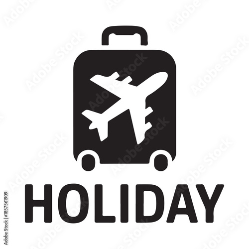 A black suitcase with a white airplane and the word holiday below it