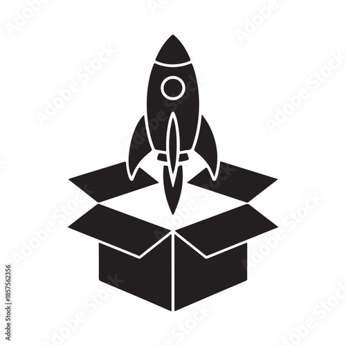 A rocket ship launching from an open cardboard box a conceptual design