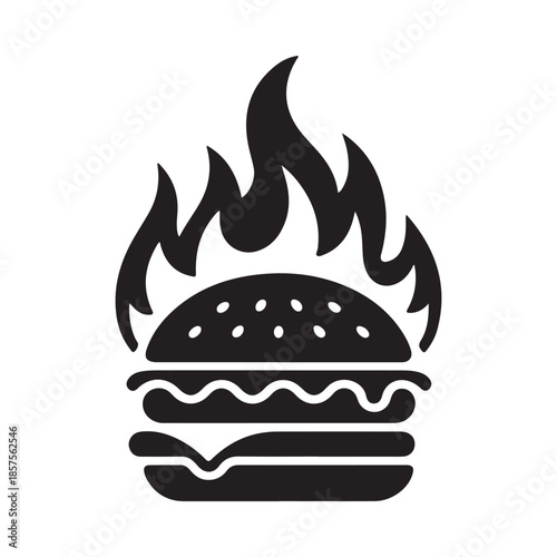 A stylized black and white illustration of a burger engulfed in flames