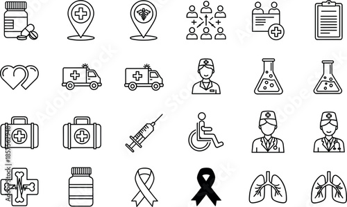 Minimal medical healthcare service icon set featuring hospital ambulance doctor syringe laboratory awareness and human organ symbols in clean outline vector style