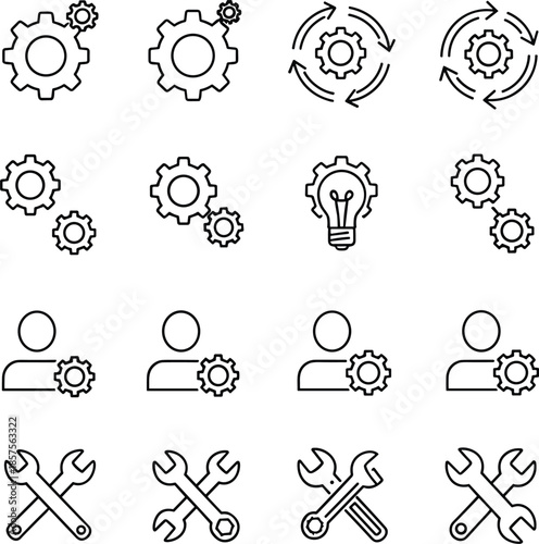 Minimal line icons set featuring gears tools settings teamwork workflow optimization symbols for business technology and maintenance concepts