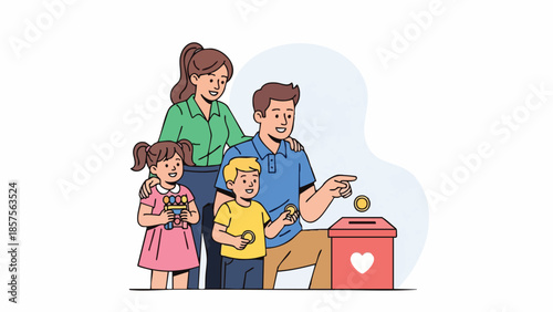 A cartoon family putting coins into a donation box with a heart on it against a white background.