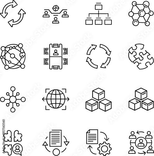 Minimal line icon set of system integration network workflow process management collaboration and business architecture symbols for digital transformation concepts