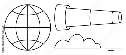 Exploration concept. Illustration a globe, telescope, and cloud, exploration and discovery. Exploration include travel, innovation, learning, and geography