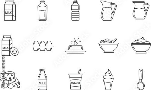 Minimal line icon set of dairy food milk bottles eggs yogurt cheese bowls drinks and kitchen items for grocery and nutrition design concepts