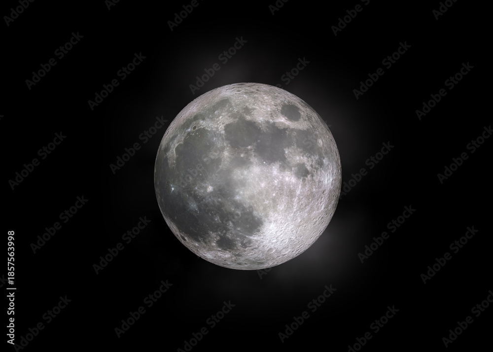 Obraz premium Full Moon Isolated on Black Background with Detailed Lunar Surface