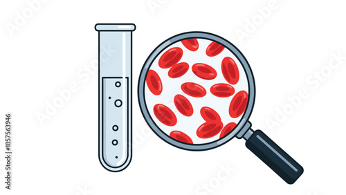 Medical laboratory concept showing red blood cells magnified under a loupe next to a clear glass test tube with plasma.