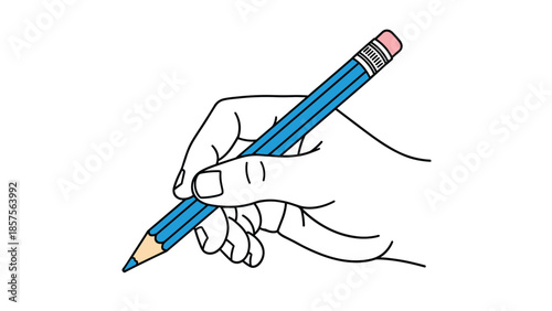 Simple line art illustration of a hand holding a blue sharpened pencil with a pink eraser, ready to write or draw.