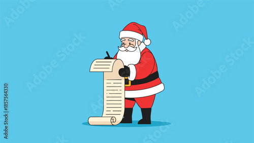 A cheerful cartoon of Santa Claus in his traditional red suit, standing and carefully writing on his long naughty or nice list.