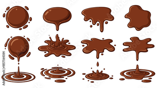 A collection of realistic melted chocolate drips, drops, splashes, and puddles in various shapes isolated on a white background.