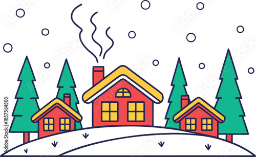 Colorful cartoon houses on a snowy hill with pine trees and falling snow