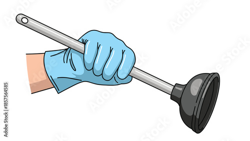 A cartoon illustration of a hand wearing a blue rubber glove firmly holding a toilet or sink plunger on a white background.
