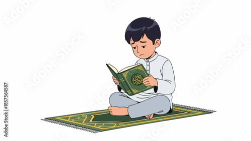 A young boy sits cross-legged on a prayer mat reading a green book with a simple and focused expression on a plain white background.