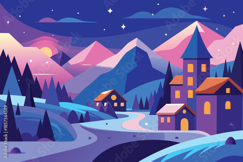 Snowy mountain village at night with church and houses under starry sky